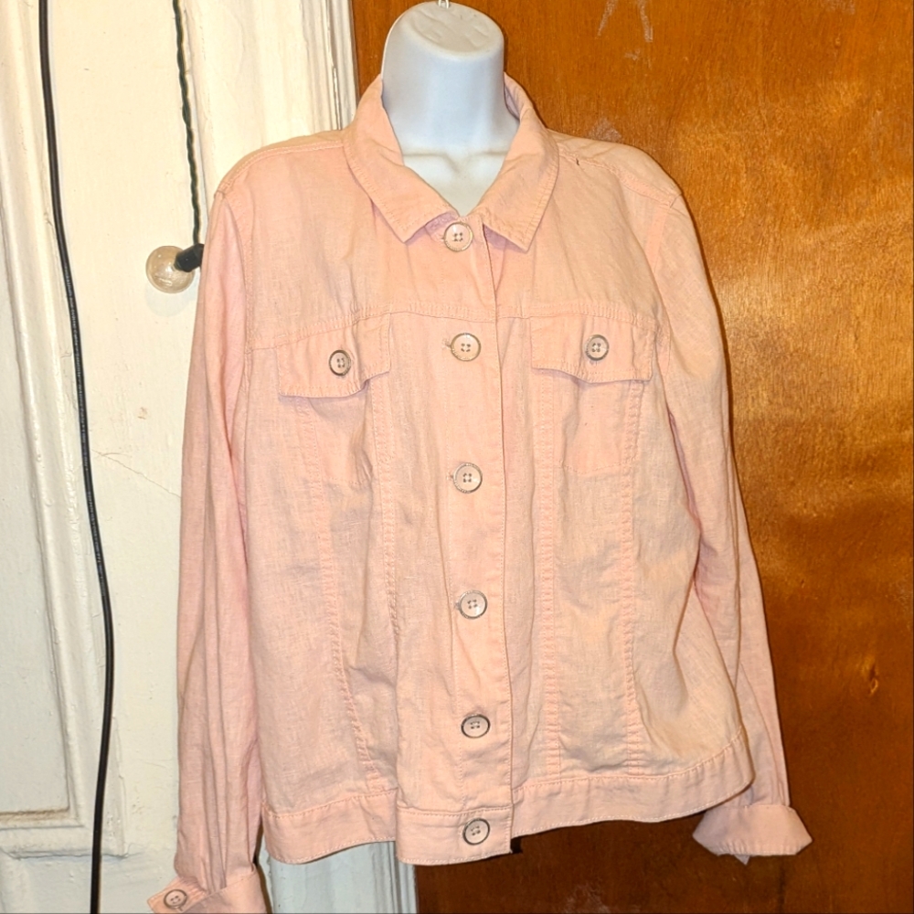 Women's Pink Button-Up Jacket Linen/Cotton Blend
